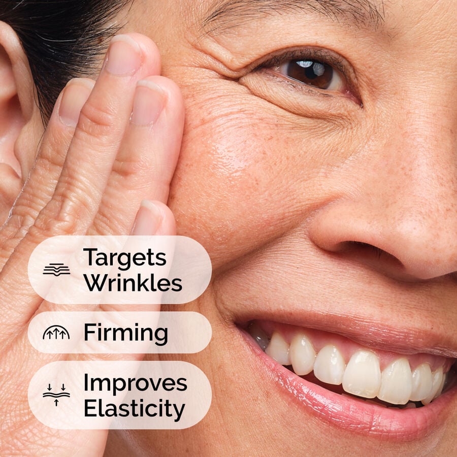 Woman applying a firming serum that targets wrinkles and improves elasticity.